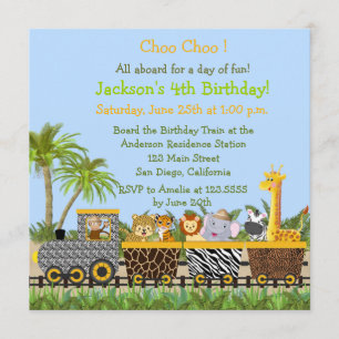 Safari Jungle Animals in Tåg Birthday Call Inbjudningar