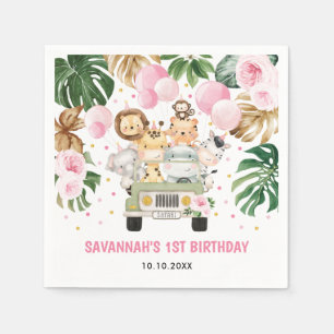 Safari Jungle Animals Rosa Blommigt Girl Birthday Pappersservett