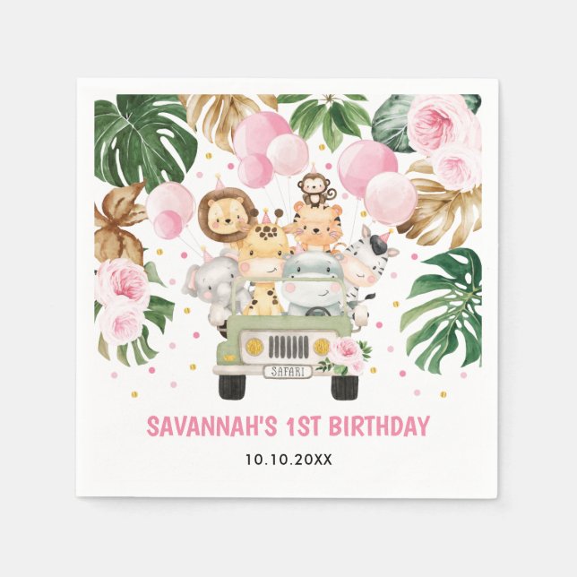 Safari Jungle Animals Rosa Blommigt Girl Birthday Pappersservett (Framsidan)