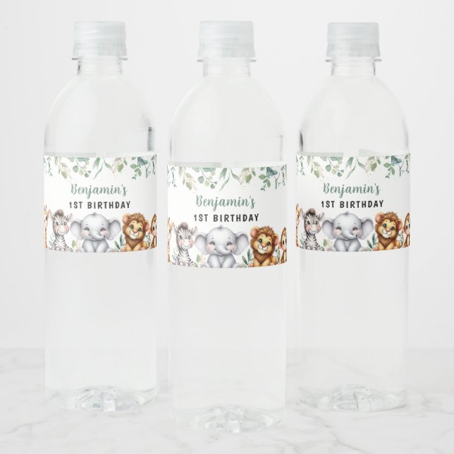 Safari Jungle Animals Vild 1:a födelsedag Vattenflaskor Etikett (Flaskor)