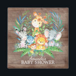 Safari Jungle Baby Shower Favor Magnet<br><div class="desc">Djuren från kutssafari som har en zebra,  hippo,  elefant,  lejon,  apa och giraffe med ett urval av djungelns löv på träbakgrunden. Besök vår butik för att se hela djungelns safari-babyduschsamling!</div>