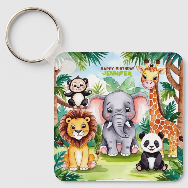 Safari Jungle barns födelsedag Party Cute Animals Nyckelring (Framsida)