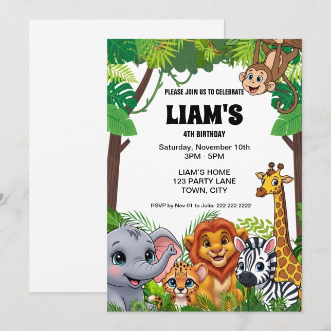Safari Jungle Birthday Invitation 5x7 Inbjudningar (Fram/baksida)