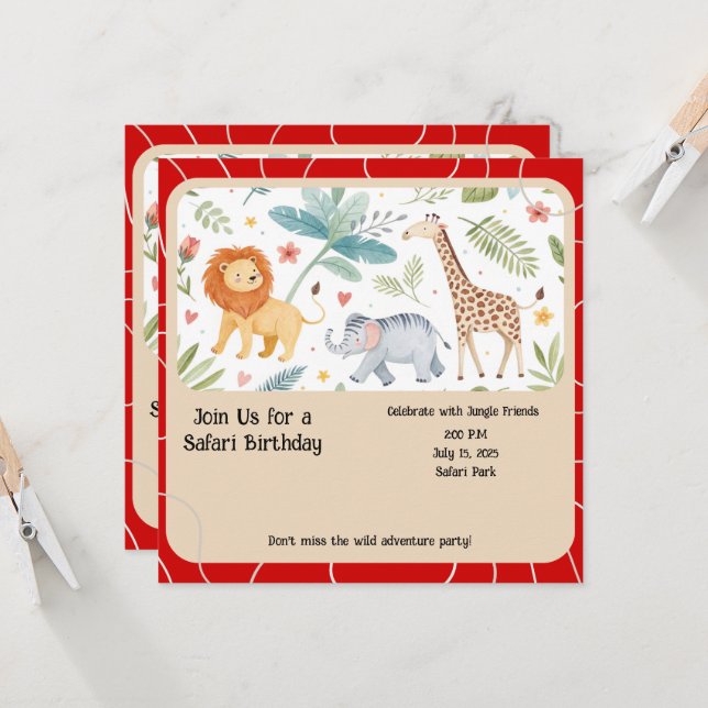 Safari Jungle Birthday Invitation Inbjudningar (Fram/Back In Situ)