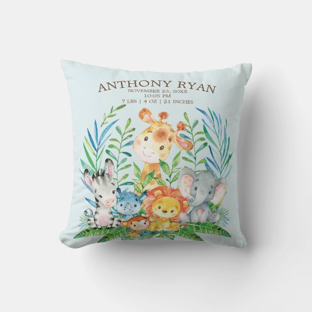 Safari Jungle Boys Birth Stats Pillow Kudde (Framsida)