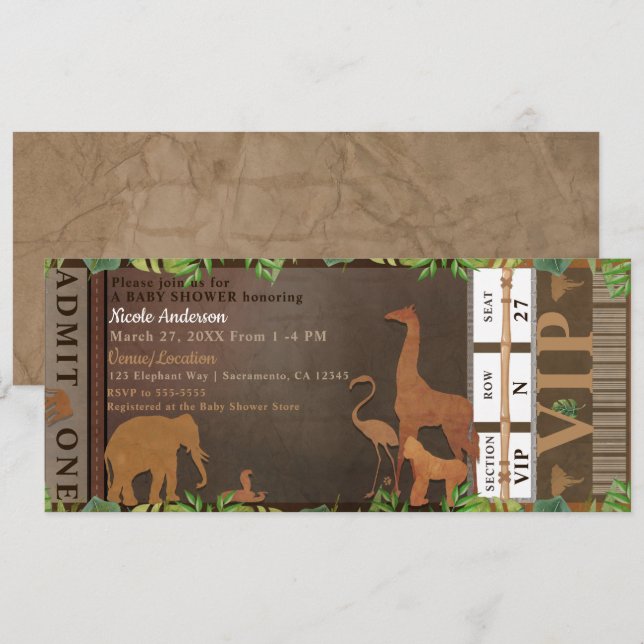 Safari Jungle Brown Animals Baby Shower Biljett Inbjudningar (Fram/baksida)