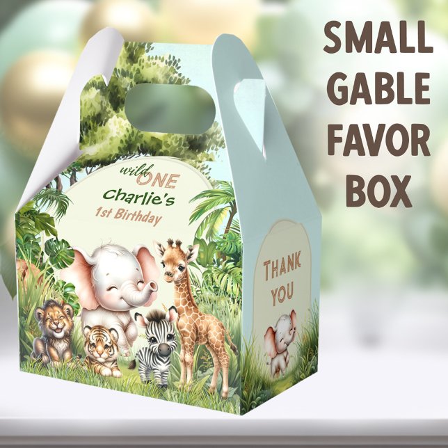 Safari Jungle Cute Animals Vild Ett första födelse Presentaskar (Wild One Safari Small Gable Favor Boxes - You can choose from 3 sizes of these gable favor boxes)