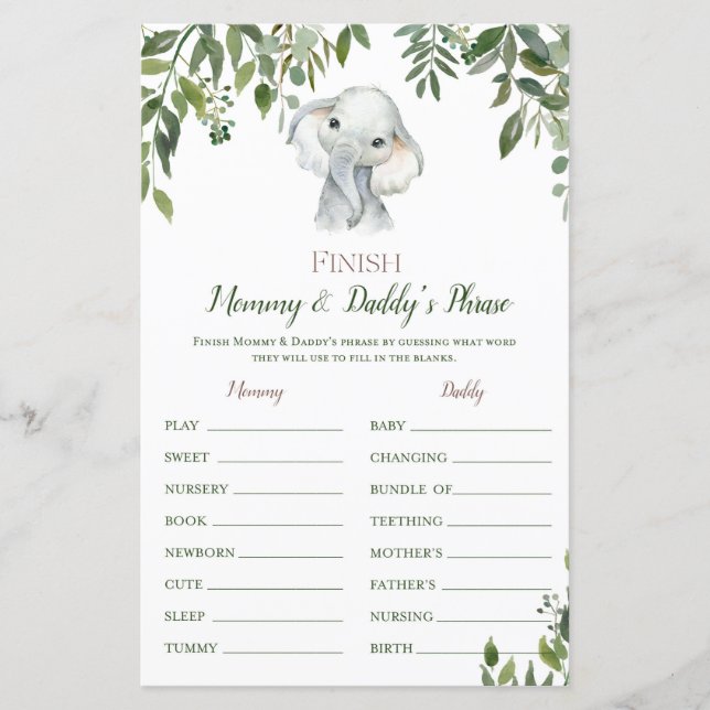 Safari Jungle Elephant Baby Shower Game tryckt (Framsida)