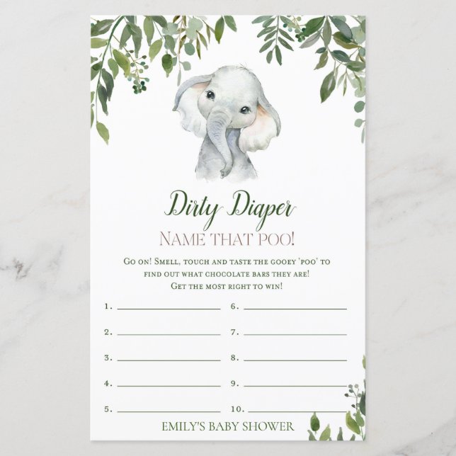 Safari Jungle Elephant Baby Shower Game tryckt (Framsida)