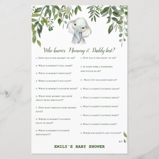 Safari Jungle Elephant Baby Shower Game tryckt (Framsida)