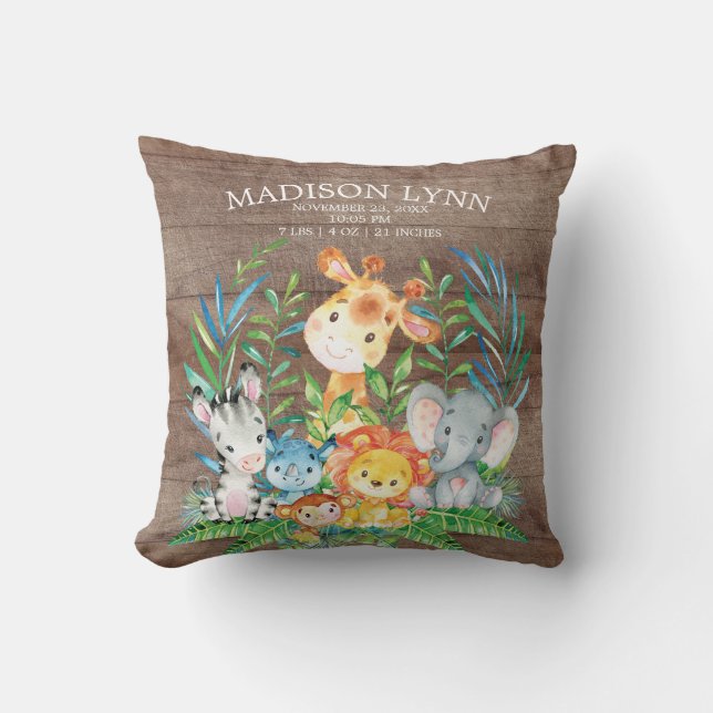 Safari Jungle Girl Boy Birth Stats Pillow Kudde (Framsida)