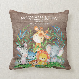 Safari Jungle Girl Boy Birth Stats Pillow Kudde