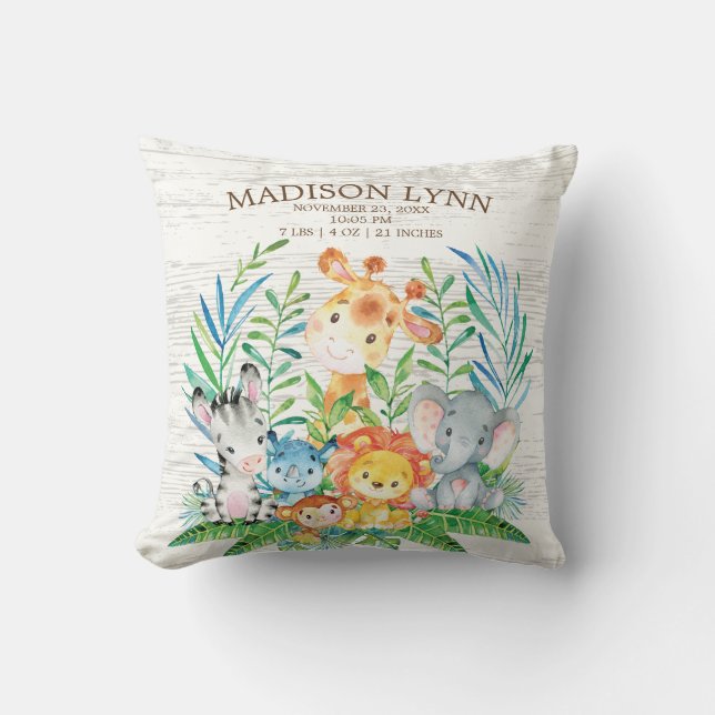 Safari Jungle Girl Boy Birth Stats Pillow Kudde (Framsida)