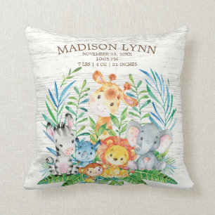 Safari Jungle Girl Boy Birth Stats Pillow Kudde