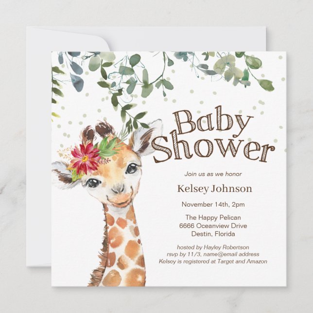 Safari Jungle Girl Giraffe Baby Shower-inbjudan Inbjudningar (Framsida)