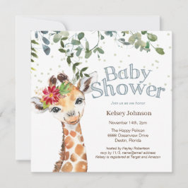 Safari Jungle Girl Giraffe Blue Baby Shower Inbjudningar