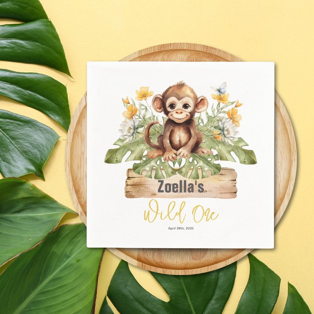 Safari Jungle Monkey Watercolor Tropical Birthday Pappersservett (Safari Jungle Tropical Yellow White Flowers Monkey Wild One Birthday Napkin)