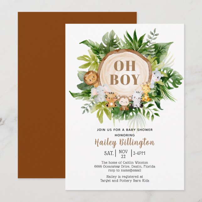 Safari Jungle Oh Boy Watercolor Baby Shower Inbjudningar (Fram/baksida)