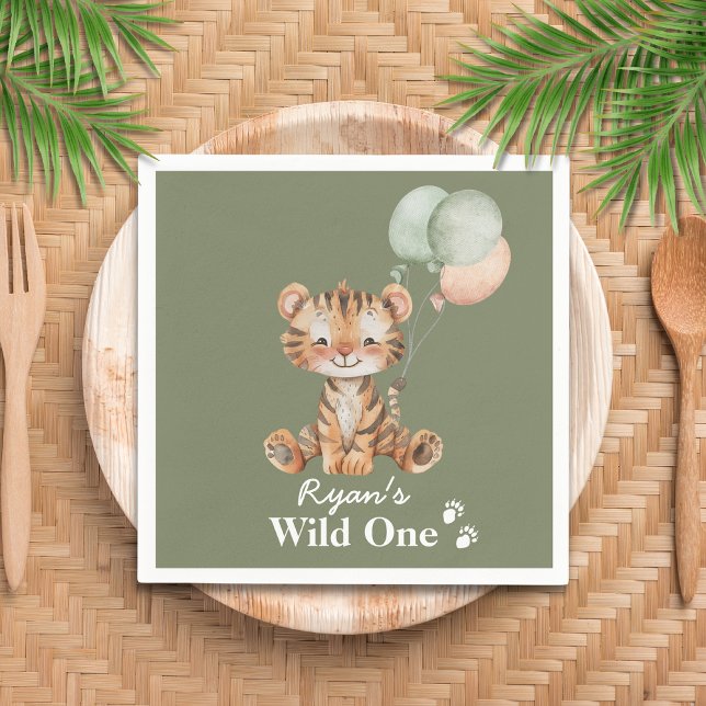 Safari Jungle Personlig Vild Ett Party-djur Pappersservett (Safari Jungle Tiger Cub Balloons Wild One Watercolor Birthday Napkin)