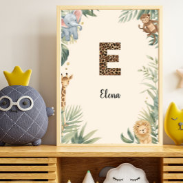 Safari Jungle Personligt Namn Monogram E Barnkamma Poster