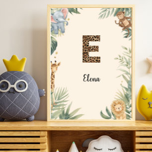 Safari Jungle Personligt Namn Monogram E Barnkamma Poster