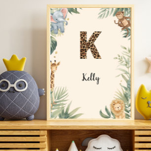 Safari Jungle Personligt Namn Monogram K Barnkamma Poster