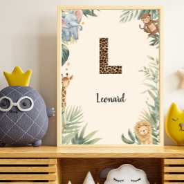 Safari Jungle Personligt Namn Monogram L Barnkamma Poster