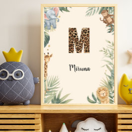 Safari Jungle Personligt Namn Monogram M Barnkamma Poster