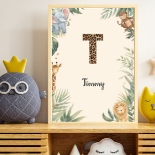 Safari Jungle Personligt Namn Monogram T Barnkamma Poster