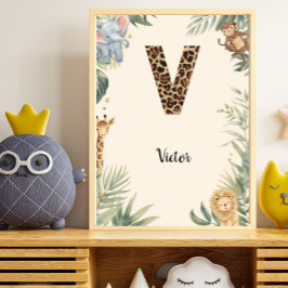Safari Jungle Personligt Namn Monogram V Barnkamma Poster