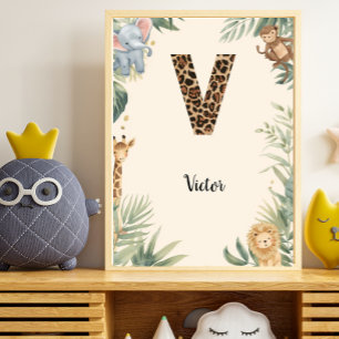 Safari Jungle Personligt Namn Monogram V Barnkamma Poster