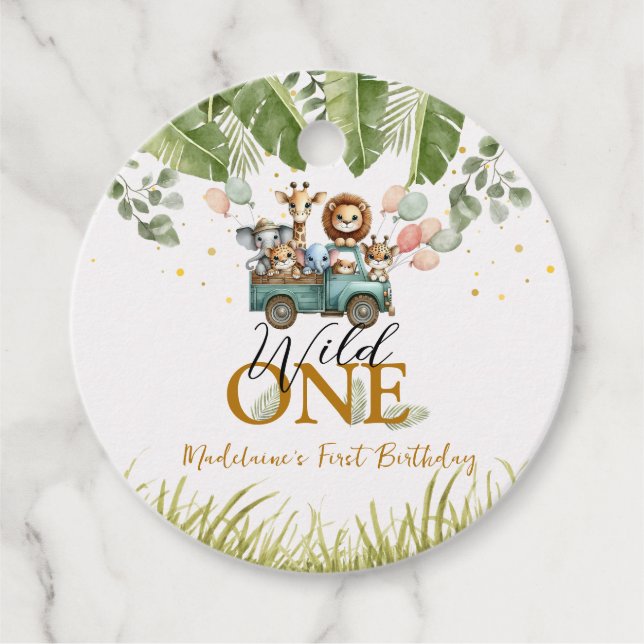 Safari Jungle Tack Vild 1:a födelsedagen Gåvor Etiketter (Framsida)