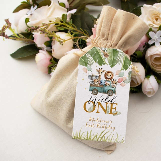 Safari Jungle Tack Vild 1:a födelsedagen Presentetikett (Skapare uppladdad)