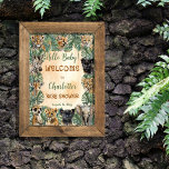 Safari Jungle Vilda djur Hej Baby Shower Poster<br><div class="desc">Genusneutrala "Hej Baby!" safari djungel vild på djur spädbarn Baby Shower-design med tropiska grönska löv. Sammansatt design efter Helgdag Hearts-design.</div>