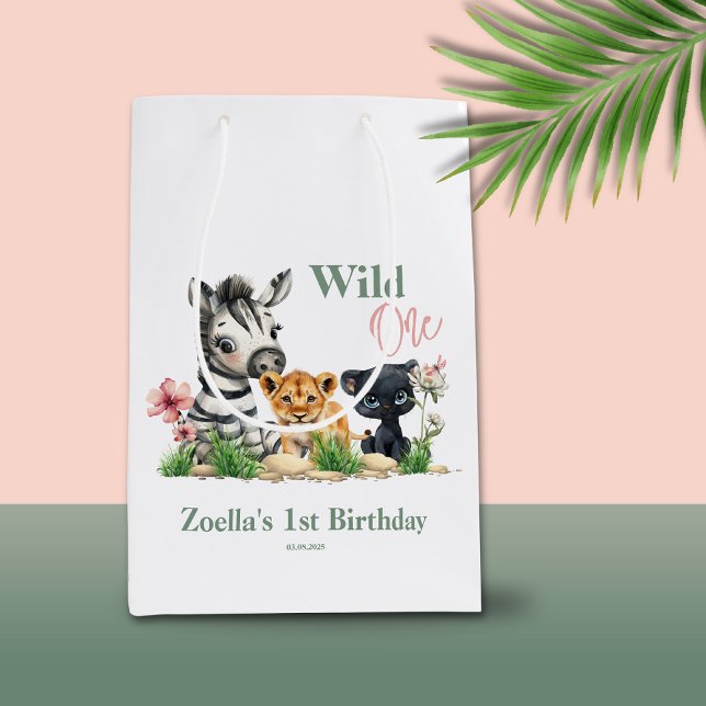 Safari Jungle Zoo Animals Rosa Vild En födelsedag (Safari Jungle Zoo Animals Zebra Tiger Panther Pink Flowers Wild One 1st Birthday Gift Bag)