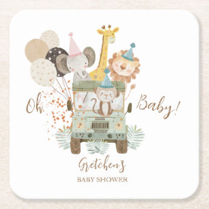 Safari Lastbil Jungle Animals Boho Baby Shower Underlägg Papper Kvadrat