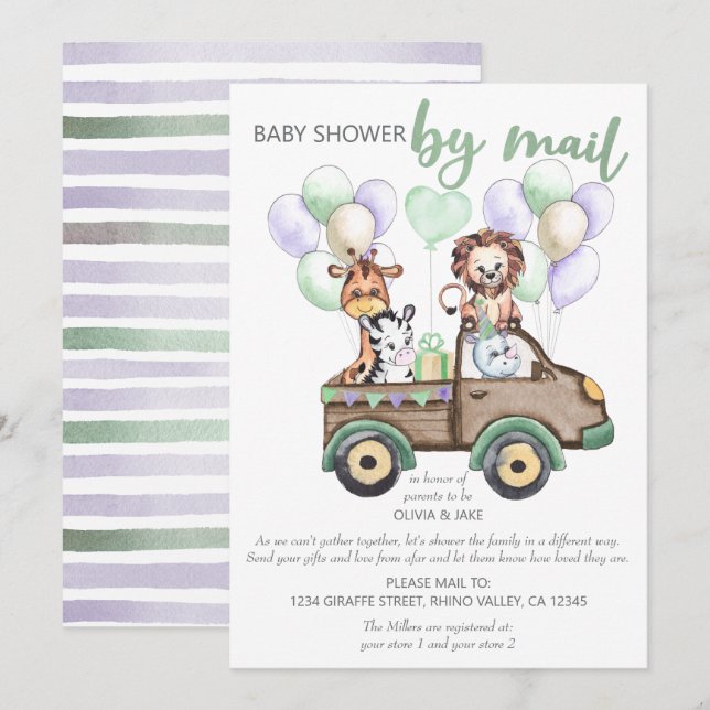 Safari Lastbil och Cute Animals Baby Shower by Mai Inbjudningar (Fram/baksida)