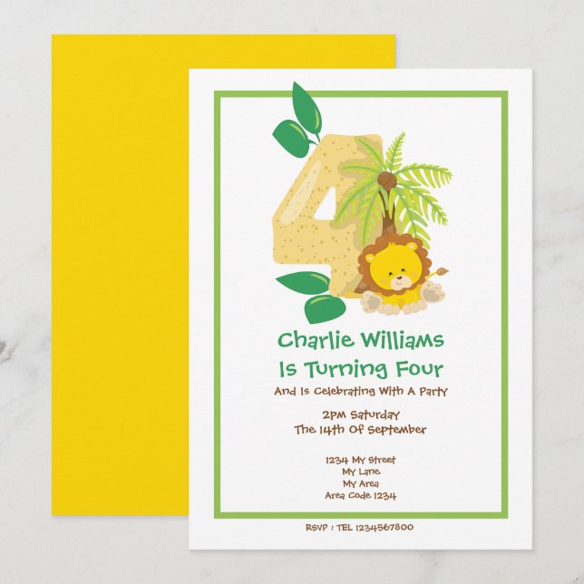 Safari Lejon Fjärde Födelsedagsfesten Inbjudningar (Fram/baksida)