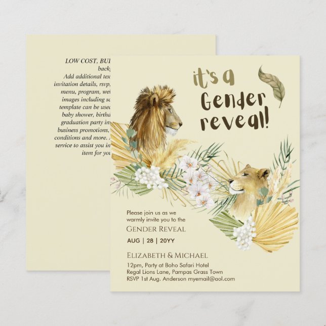 Safari Lejon GENDER  REVEAL Baby Shower-inbjudning (Fram/baksida)