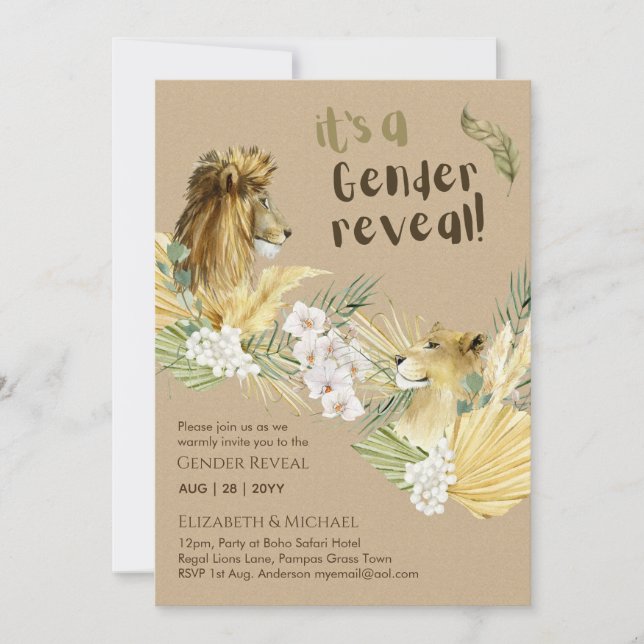Safari Lejon GENDER  REVEAL Baby Shower-inbjudning Inbjudningar (Framsida)