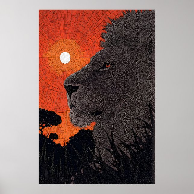 Safari Lejon Väggkonst, Solnedgång Silhuett, Orang Poster (Framsidan)