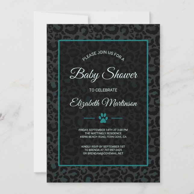 Safari Leopard Black Teal Animal Print Baby Shower Inbjudningar (Framsida)