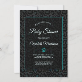Safari Leopard Black Teal Animal Print Baby Shower Inbjudningar