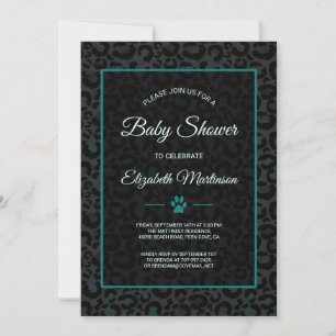 Safari Leopard Black Teal Animal Print Baby Shower Inbjudningar