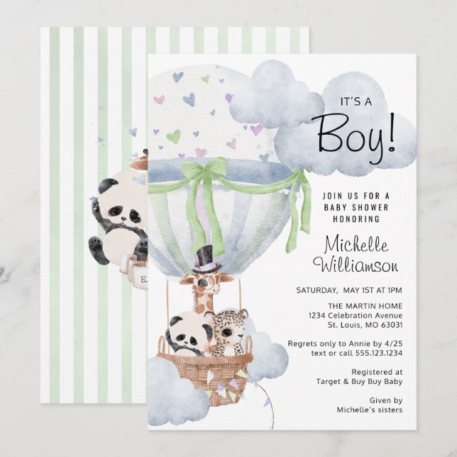 Safari Luftballong Baby Shower Inbjudningar (Fram/baksida)