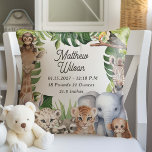 Safari: moderplantskolefödelsetalet baby djur kudde<br><div class="desc">Välkomna pojke till en värld i äventyr med Safari Jungle Animals Pojke Nursery Pillow, ett charmerande tillägg till hans första fristad. Denna kudde har en härlig uppsättning vattenfärgstropiska djur och djungeldjur, vilket ger en lekfull men säker vibe till daghemsdekorationen. Anpassa den med din lilla utforskares namn, födelsedatum och födelsetid, vikt...</div>