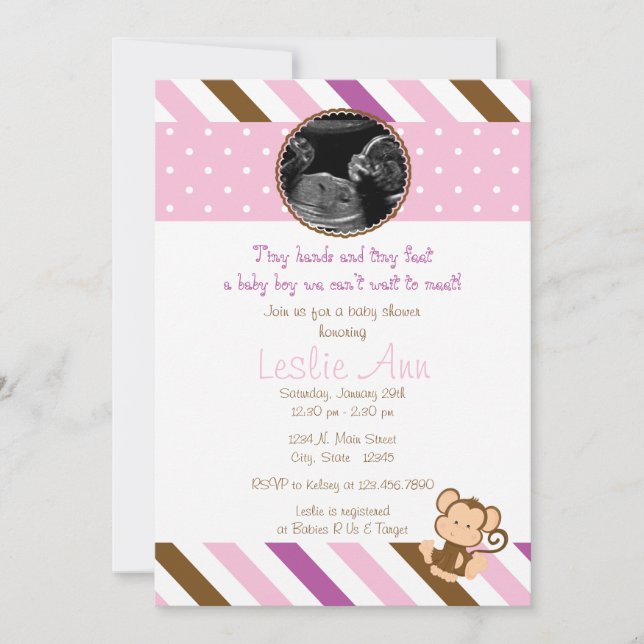 Safari Monkey Photo Pinks Baby Shower-inbjudan Inbjudningar (Framsida)