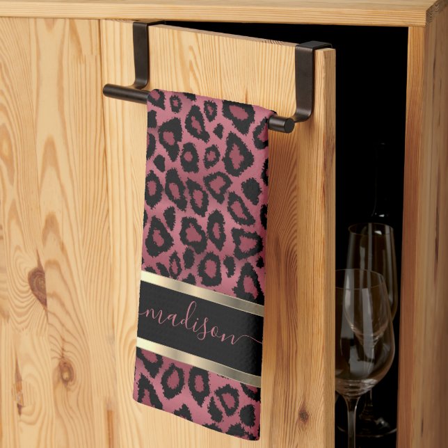 Safari Mörk Dusty Ro Leopard - Customize Kökshandduk (Thirds Fold)