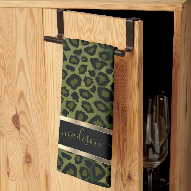 Safari Oliv grönt Leopard - Anpassa Kökshandduk (Thirds Fold)