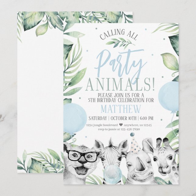 Safari Party Animals Birthday Call for a Boy Inbjudningar (Fram/baksida)